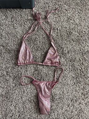 Shimmery Pink Triangle String Bikini Set